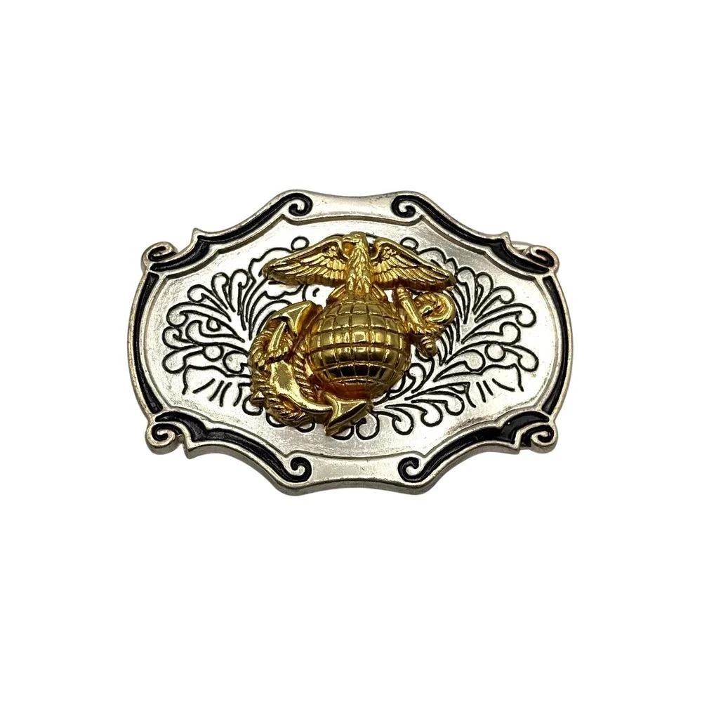 US Marine Corps EGA Belt Buckle Gold Silver Tone Western Scroll USMC Military